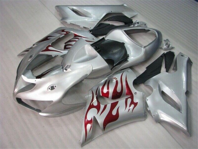 05-06 Silver Red Flames ZX6R Motorcycle Fairings 05-06 Silver Red Flames ZX6R Motorcycle Fairings